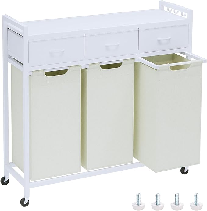 Laundry Hamper, Laundry Sorter 3 Section, Rolling Laundry Basket with Wheels, 3 Drawers, 3 × 14.5 Gal (55 L), Pull-Out and Removable Oxford Fabric Bags, White and Beige