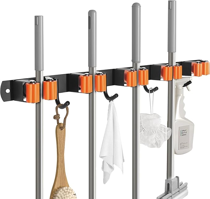 Gorlary Mop and Broom Holder Wall Mount, Broom Hanger Organizer Storage Racks, 17" SUS304 Stainless Steel Heavy Duty Utility Hooks, Black (5 Racks and 4 Hooks)