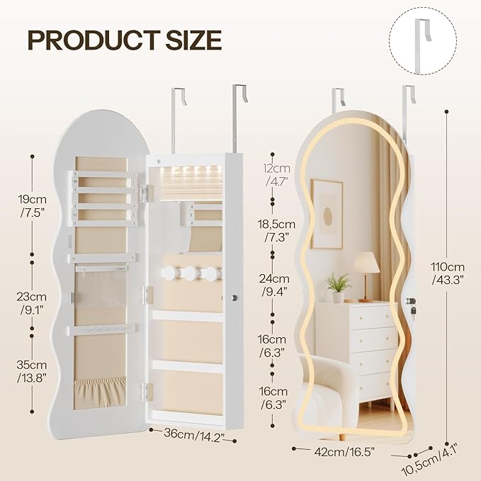 HOOBRO LED Mirror Jewelry Cabinet, Wall/Door Mounted Jewelry Organizer, Jewelry Aromire with Wavy Mirror Full Length, Lockable Cosmetics Storage Cabinet, Interior Mirror, 16.5" x 4.1" x 43.3", White