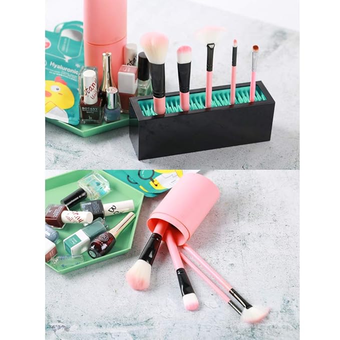Makeup Brushes Holder Organizer, Silicone Vanity Air Drying Rack Display Storage for Brush, Eyeliners and More, Practical Cosmetic Tools Container (Red-Black)