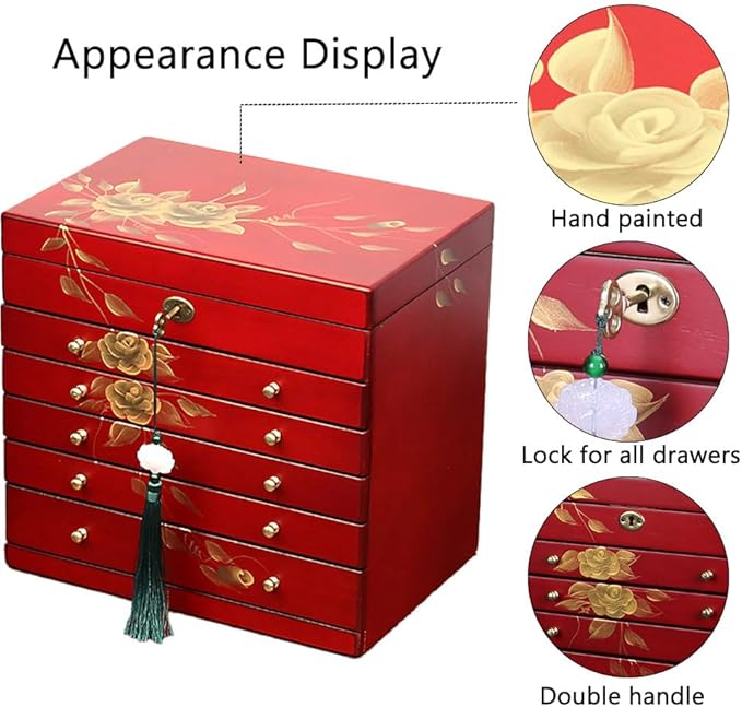 Hand-drawn rose wood jewelry box 6-Layer Jewelry Organizer for women,Large capacity jewelry storage box with lock in red color,store glasses,watches,necklaces,rings,earrings