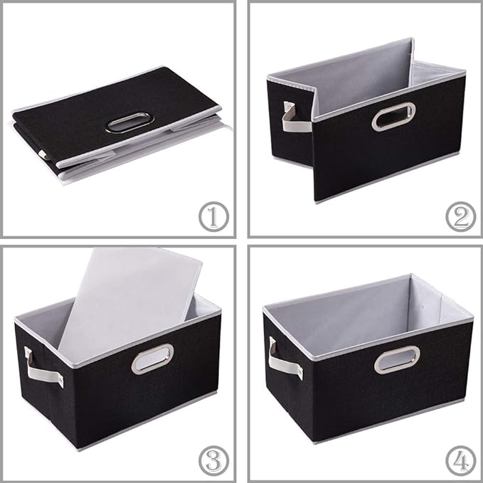 PRANDOM Large Collapsible Storage Bins for Closet [5-Pack] Decorative Fabric Storage Baskets Cubes with Leather/Metal Handles for Shelves Bedroom Living Room Black (14.9x9.8x8.3 Inch)
