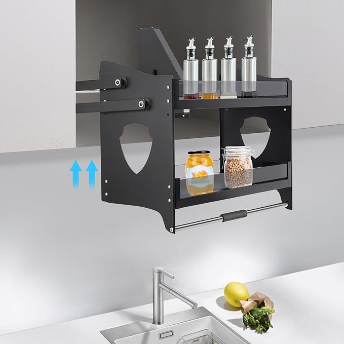 DNYSYSJ Pull down Shelf for Upper Cabinets, 2-Tier Pull down Cabinet Organizer with Tempered Glass, 29"*10.6"*20.5" Wall Mounted Spice Rack Ideal Spice Rack Organizer for Kitchen Cabinets