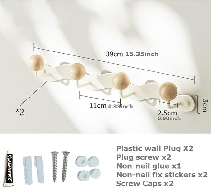 Coat Rack Wall Mounted,White Coat Hooks Adhesive & Screw in,Anti-Tear Wooden Ball Hook Rail, Heavy Duty Metal Coat Hangers for Entryway, Bathroom, Bedroom, Kitchen 2PACK (4-tri Hooks)