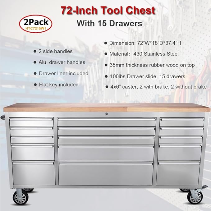 2 Pack - 72" Stainless Steel Rolling Tool Chest with 15 Drawers, Lockable Storage Cabinet, Mobile Workbench, Assembled Large Tool Box with Wheels for Garage Workshop (2 × HTC7215W1)
