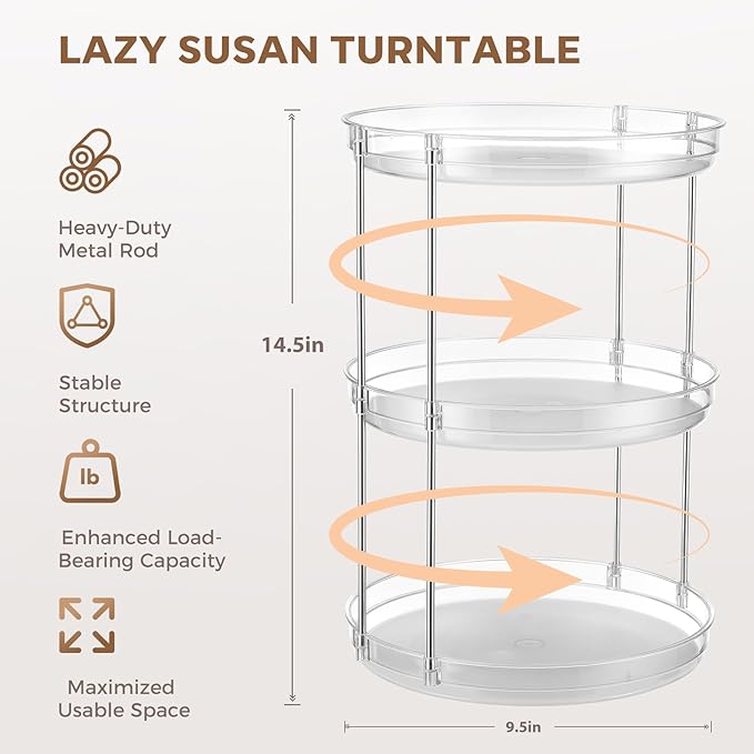 2 Pack 3 Tier Lazy Susan Organizer for Cabinet, Rotating Organizer for Kitchen Cabinet & Pantry, Spinning Turntable for Seasonings, Condiments, Vitamin Bottles, Countertop Organizer Carousel