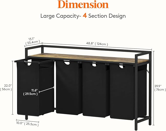 Lifewit Laundry Hamper 4 Section, 168L Pull out Laundry Clothes Basket Organizer with Large Top Shelf and 4 Removable Bags and Handles, Laundry Sorter for Laundry Room Bedroom Bathroom, Black