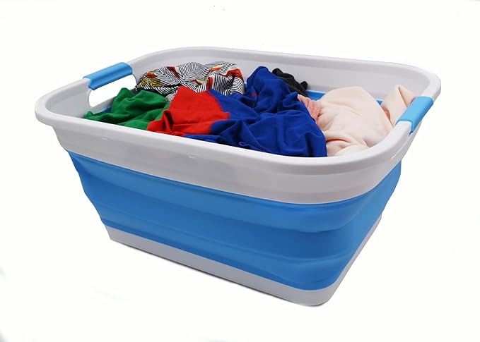 SAMMART 41L (10.8 gallon) Collapsible Plastic Laundry Basket-Foldable Pop Up Storage Container/Organizer-Portable Washing Tub, Water capacity: 32L (8.4 gallon) (Retangular, White/Marine Blue)