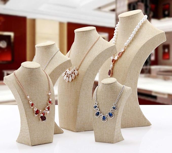 Beige Linen Necklace Display Bust - 11.8" Jewelry Holder for Necklaces, Bracelets, Figure Display Stand (30x17cm)