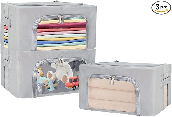 UUBEMM Clothes Storage Bins with Foldable Sturdy Frame,Stackable Storage Box for Closet Shelf Organizers for Seasonal Clothing,Blankets,Towel Bed Sheets,Toys Gift Others (Small -22L x3PACK, Grey)