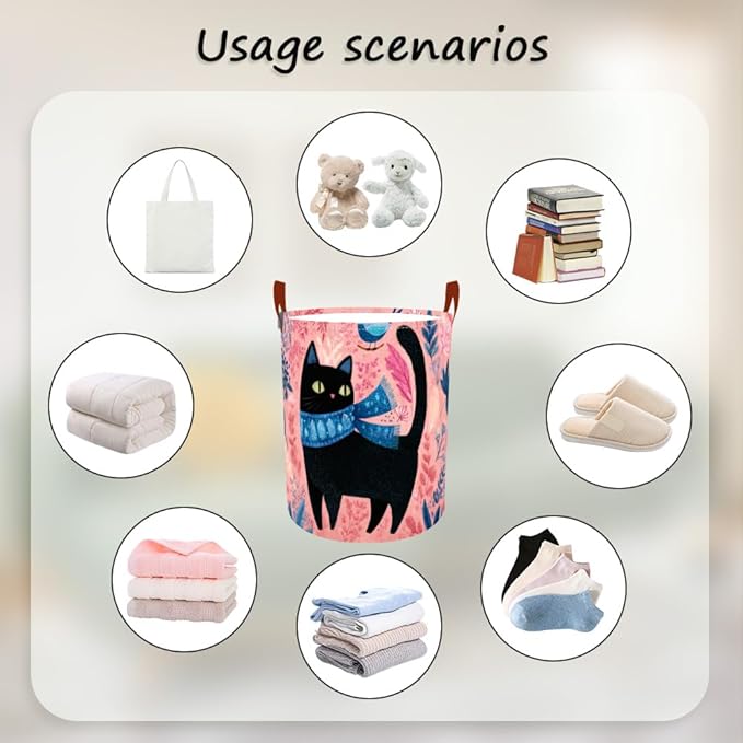 Laundry Baskets 15.7x19.7 Inch Large Black Cat Bird Floral Scarf Design Collapsible Laundry Hamper with Handles Oxford Fabric Clothes Storage Bin Foldable Dirty Clothes for Bedroom Bathroom Dorm