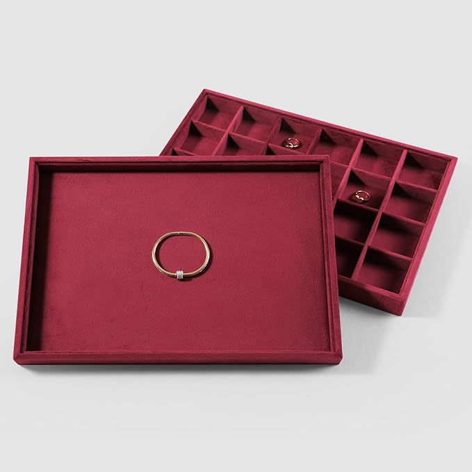 Velvet Stackable Jewelry Display Tray, 24 Grid Earring Ring Storage Tray, Drawer Divider Jewelry Accessories Organizer Plate (Red)