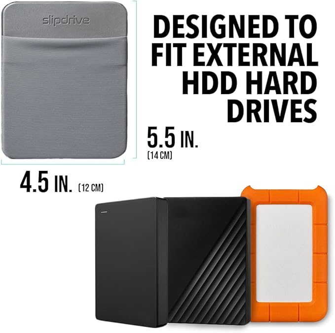 Slipdrive - Portable Hard Drive Sleeve for Laptop - HDD Hard Disk Drive - Reusable Adhesive - 5.5” x 4.5” Stick on External Hard Drive Carrying Case - Travel Pocket Pouch (Large, Gray)