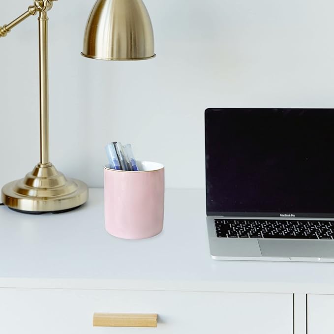 HANKOR Ceramic Pencil Holder for Desk - Cute Gold Trim Pen Aesthetic Makeup Brush Cup Holder Organizer for Desktop Storage Stationery Office Home Supplies, Pink