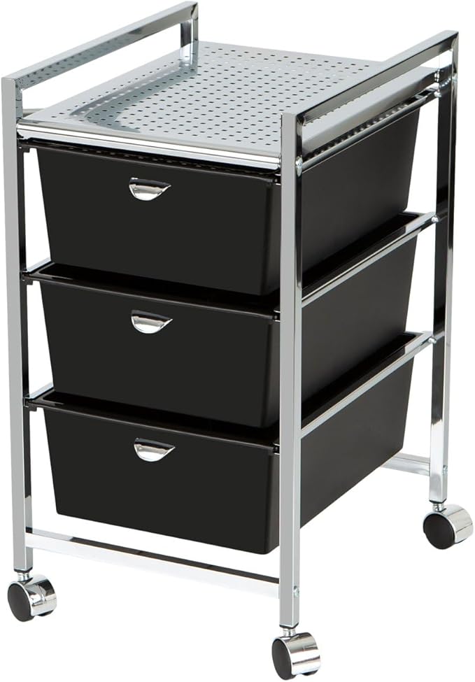 Pibbs D23 Metal Salon Roller Cart, 3 XL Removable Drawers, Heavy-Duty Utility Pedicure Cart on Wheels, European Style Design, Hot Tool Safe Work Surface