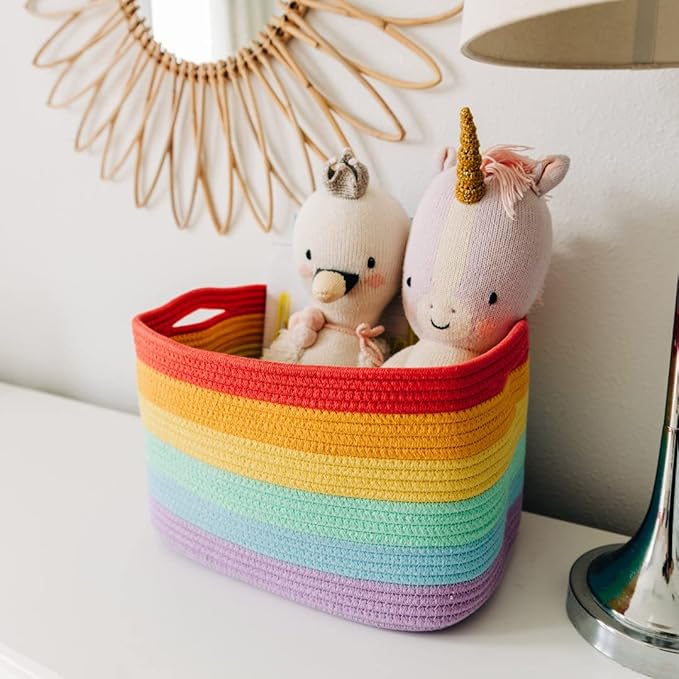 OrganiHaus Set of 3 Rainbow Woven Storage Baskets for Shelves, Decorative Organizer Bins for Kids Room, Nursery & Classroom, Colorful Toy Storage Basket for Playroom Decor – 15x9x10 inches