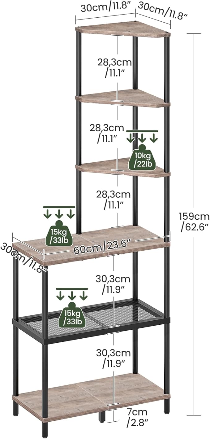 6-Tier Corner Shelf, Industrial Corner Bookshelf with Desk Top, Diamond-Shaped Storage Shelves, Display Stand for Small Spaces, Living Room, Home Office, Foyer, Greige and Black TCJ70BG
