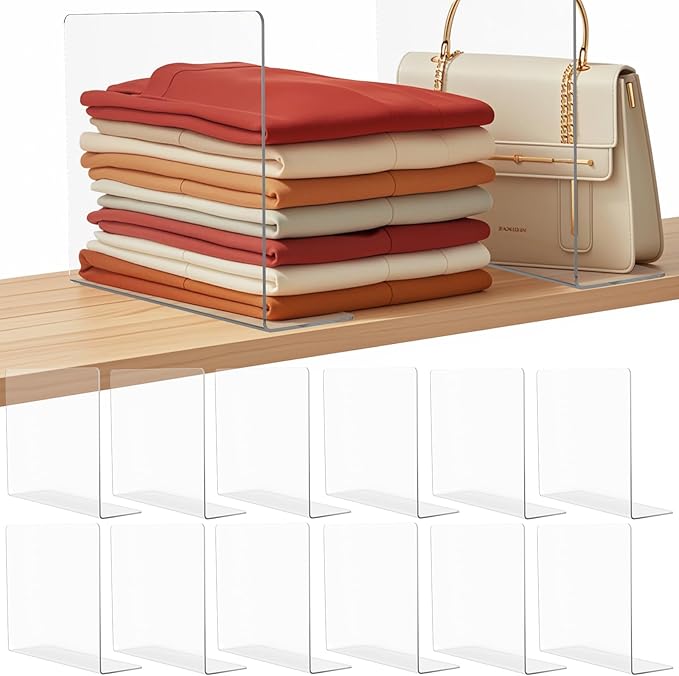 Shelf Dividers for Closet Organization: 10" Tall x 12" Deep Acrylic Closet Shelf Dividers for Clothes Sweater Purse - Free Standing Clear Separators for Shelves