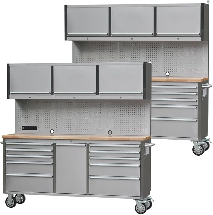 2 Pack - 72" Stainless Steel Rolling Tool Chest with 11 Drawers + 3 Upper Cabinets, Large Lockable Storage Cabinet, Mobile Workbench with Wheels for Garage Workshop (2 × HTC7214W1)