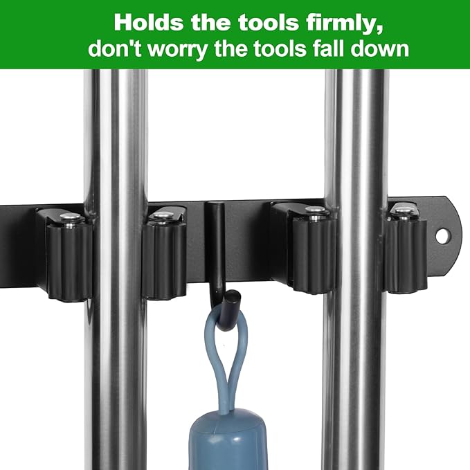 voze 3 Racks and 4 Hooks Mop and Broom Holder Wall Mount, Self Adhesive Heavy Duty Broom Organizer Storage Tool Racks for Kitchen Garden Laundry Garage