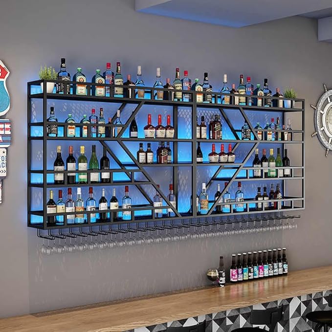 95in Large Wall Mounted Wine Rack 4 Tier Metal Wine Bottle Holder Modern Diamond Design Floating Bar Liquor Bottles Storage Rack for Home Restaurant Bar Decorative (Black, 4 Tier - 95in)