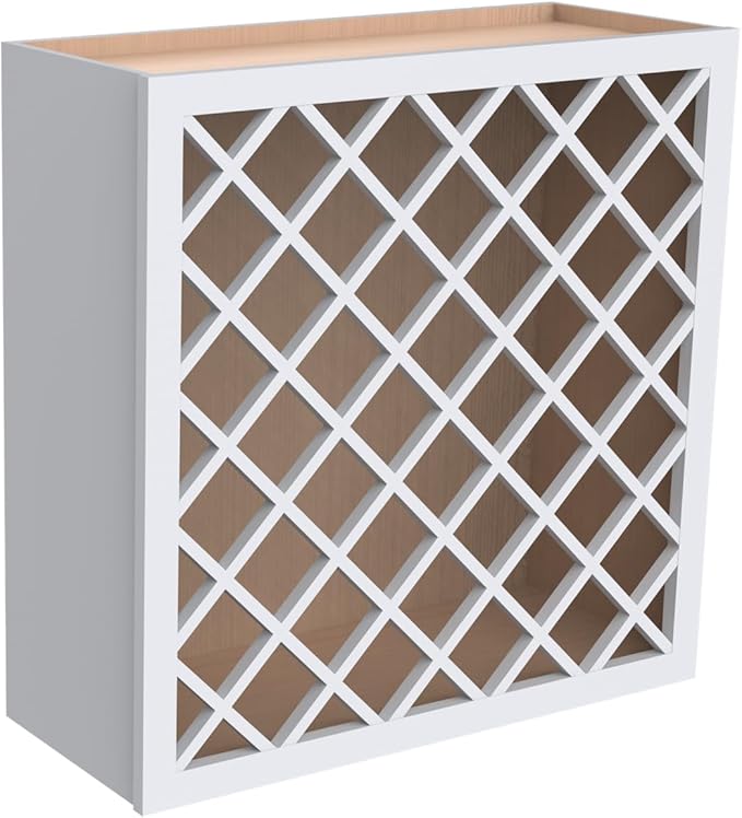 Solid Wood RTA Wine Bottle Rack Wall Cabinet with Lattice Panels - Bottle Holder Storage for Bar, Pantry, or Wine Cellar - Mocha Finish Countertop Solution (White, 24'W 12'D 30'H)