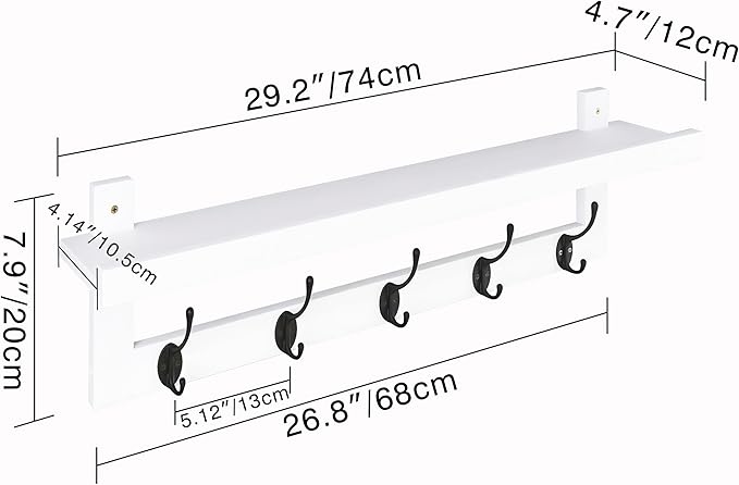 SMIBUY Coat Hooks with Shelf Wall-Mounted, 29.2 Inch Entryway Coat Rack for Wall, Bamboo Hanging Shelf with 5 Double Metal Hooks for Bathroom, Bedroom, Kitchen, Living Room (White + Black)