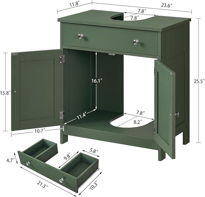 TEENFON Pedestal Sink Storage Cabinet with 2 Doors and Drawer, Bathroom Sink Cabinet, Under Sink Storage with U-Shape Cut-Out, Green UNYSG033V