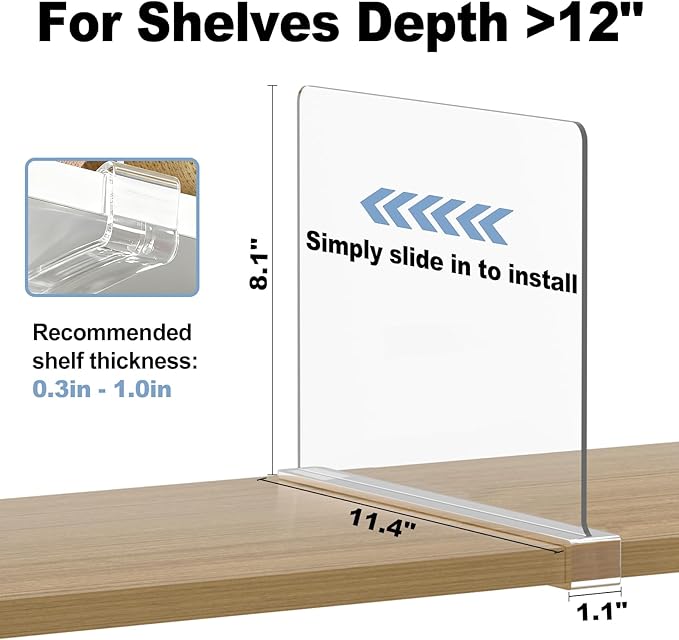 Purse Organizer for Closet Shelf Dividers: 6-Pack Adjustable Clear Acrylic Bag Storage Organizer for Handbags, Sweaters, Towels, Jeans and Shoes on Wood Shelves