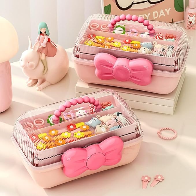 Cute Hair Accessories Organizer 3-Layers Kids Jewelry Storage Box Plastic Hair Accessories holder for Girls (Pink, 10.8 x 5.7 x 5.9 Inch)