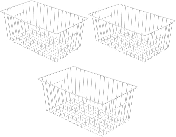 Large Wire Storage Baskets Freezer Baskets Organizer, Refrigerator Metal Wire Storage Divider, Wire Storage Basket with Handles for Kitchen, Pantry, Cabinet, Closets - Set of 3 (3, 16in x 10in x 7in)