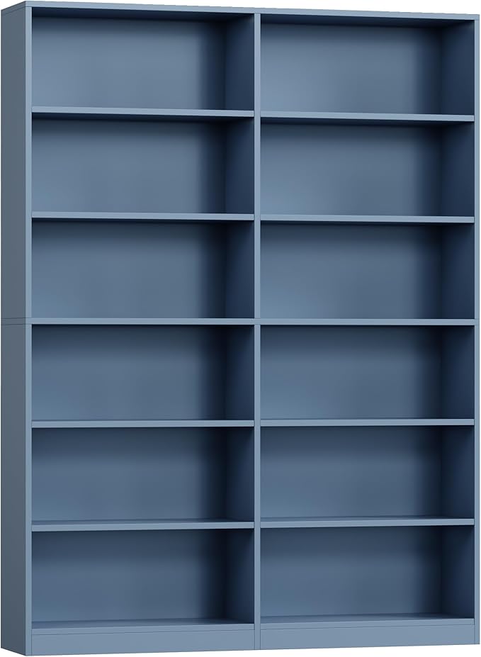 FACBOTALL Bookshelf and Bookcase, 6-Tier Double Wide Bookshelves, Freestanding Display Storage Shelves, Tall Bookcases for Home Decor Bedroom, Living Room, Home Office, Blue