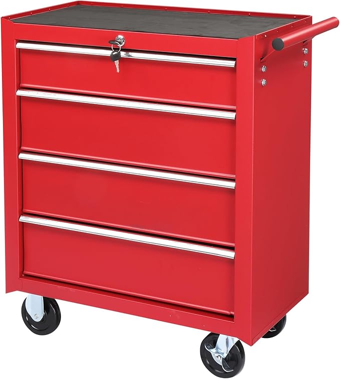 Metal Rolling Tool Box Organizer | Lockable Tool Chest with Wheels | Toolbox with 4 Sliding Drawers | Tool Storage Box Organizer for Garage Home Workshop & Tool Room | Red