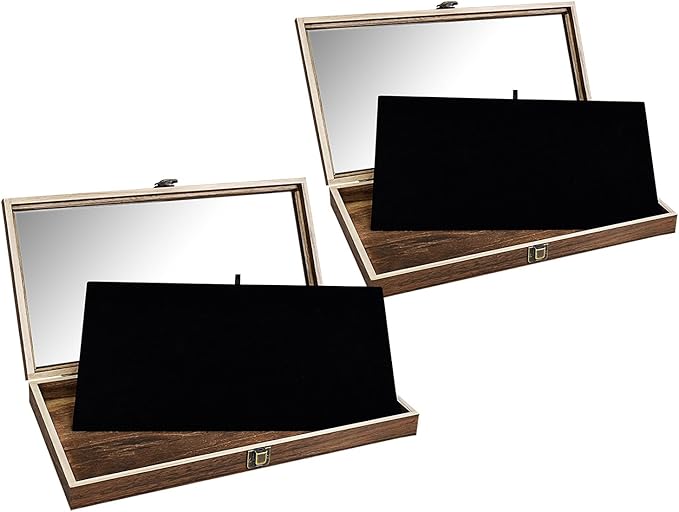 MOOCA 2 Pcs Wooden Jewelry Display Case Tempered Glass Top Lid, Gemstone Display Case, Pocket Knife Case with Metal Clasp & Removable Black Luxurious MDF Velvet Jewelry Pad, Brown Color