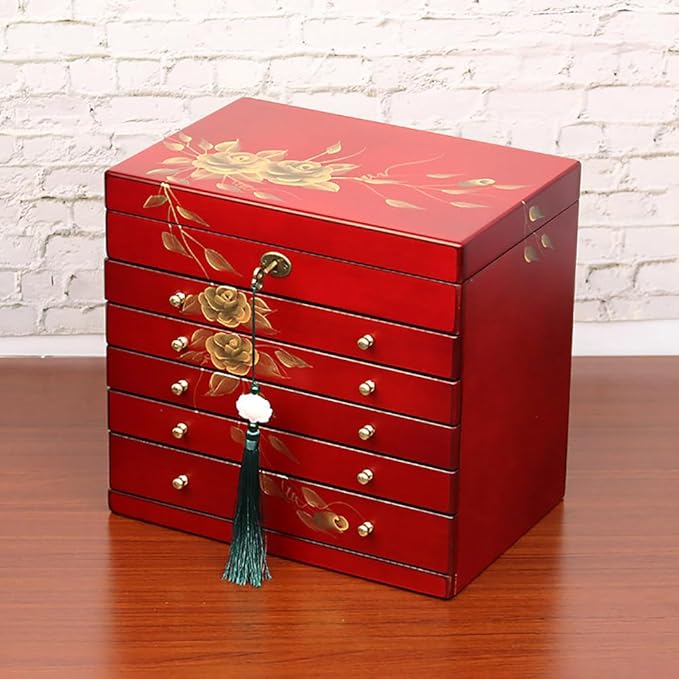 Hand-drawn rose wood jewelry box 6-Layer Jewelry Organizer for women,Large capacity jewelry storage box with lock in red color,store glasses,watches,necklaces,rings,earrings