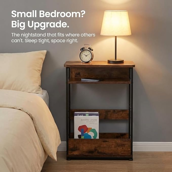 Narrow Side Table,3-Tier Slim End Table with Storage Shelf,Modern Sofa Table Thin Side Table for Narrow and Small Spaces, Skinny Bedside Table Small Nightstand with Magazine Rack Space Saving/Brown