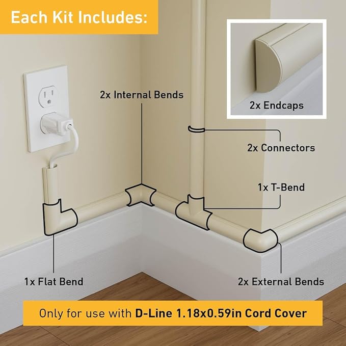 D-Line Medium Cable Raceway Accessory Pack, Join 1.18in x 0.59in Cord Cover Lengths, 10 Accessories Included, Hide Cords Around a Variety of Angles - Beige