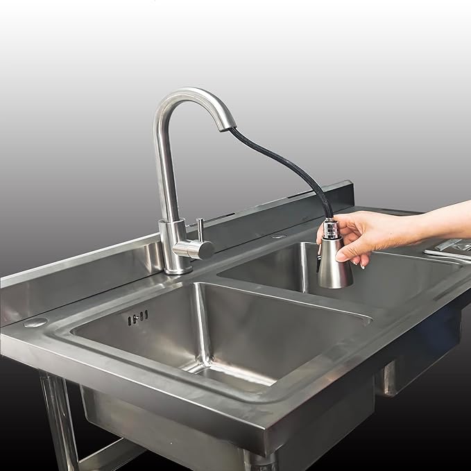 Qian Kun Free Standing 304 Stainless Steel Utility Sink with Pull Down Sprayer & Drain Pipe | NSF Certified Outdoor/Commercial Kitchen Sink (47.2 Doble Bowl Right)