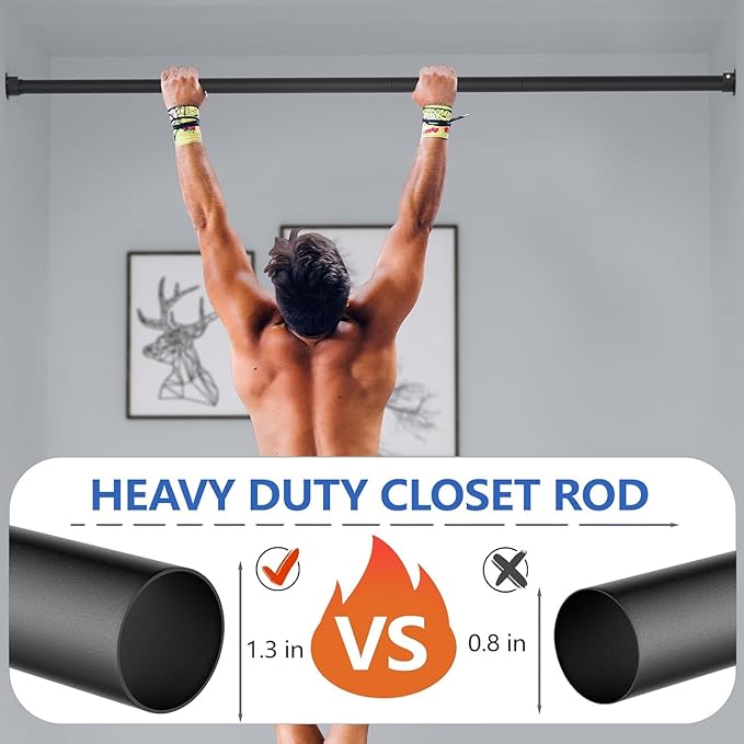 Closet Rod, 17 to 97 Inch Closet Rods for Hanging Clothes, Heavy Duty Adjustable Clothes Hanging Bar Rod Matte Black Closet Poles for Wardrobes, Closet, Bathroom, Windows, 1.3 Inch Diameter