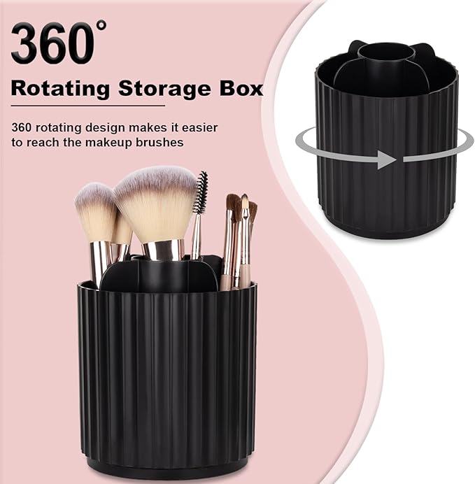 Anyoifax Makeup Brush Holder Organizer 360°Rotating Make Up Brushes Container for Vanity, Spinning Cosmetics Storage Cup, Stripe Black