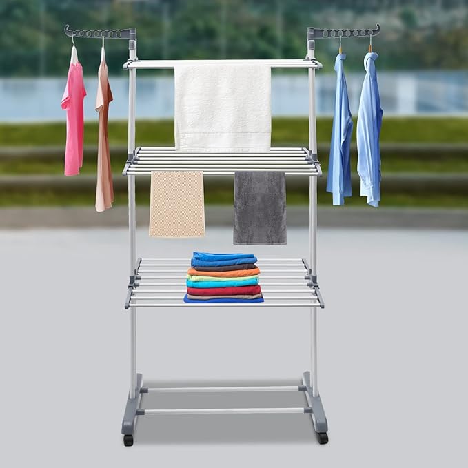 Drying Rack, 29.92*19.69*67.72inch 4 Tier Folding Clothes Drying Rack Rolling Laundry Garment Dryer Stand Multifunctional Stainless Steel Dryings Racks with Wheels for Bedrooms Lofts Balconies Patios