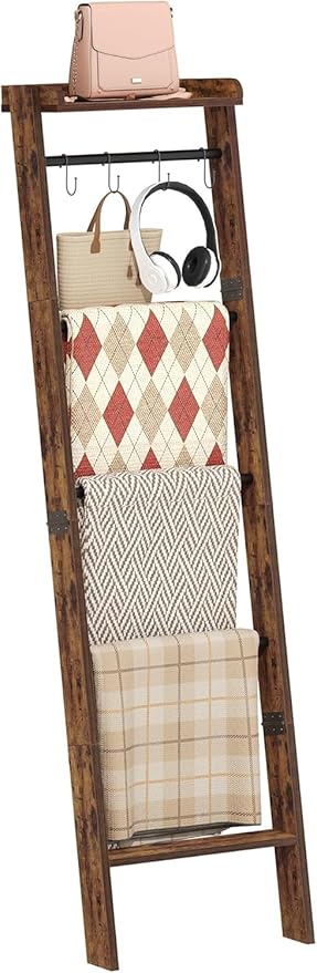 Blanket Ladder Shelf, Decorative Quilt Rack,6-Tier Farmhouse Ladder Holder Organizer with 4 Removable Hooks, Rustic Brown BR35801B