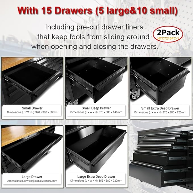 2 Pack - 72" Stainless Steel Rolling Tool Chest with 15 Drawers, Lockable Storage Cabinet, Black Mobile Workbench, Assembled Black Large Tool Box with Wheels for Garage Workshop (2 × HTC7215PC-1)