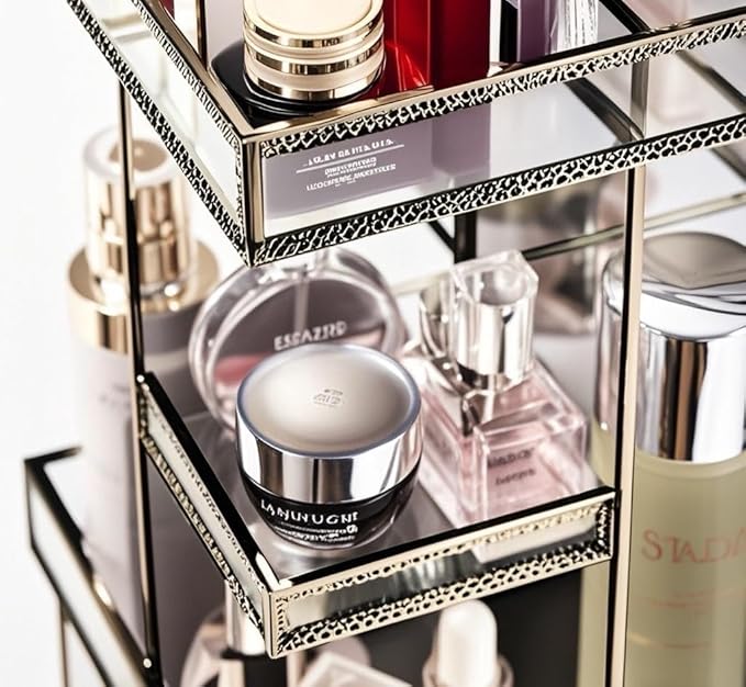 Vintage Glow Antique 360 Degree Rotating Makeup Organizer,4-Tier Spinning Perfume Tray,Countertop Cosmetic Storage ,Glass Beauty Display,Retro Large Capacity Vanity Organizer for Brushes Skincare