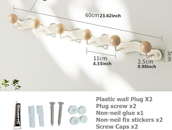 Coat Rack Wall Mount,White Wall Hooks Adhesive & Screw in,Anti-Tear Wooden Ball Hook Rail, Heavy Duty Metal Coat Hanger Wall Mount for Entryway, Bathroom, Bedroom, Kitchen 2PACK(6-tri Hooks)