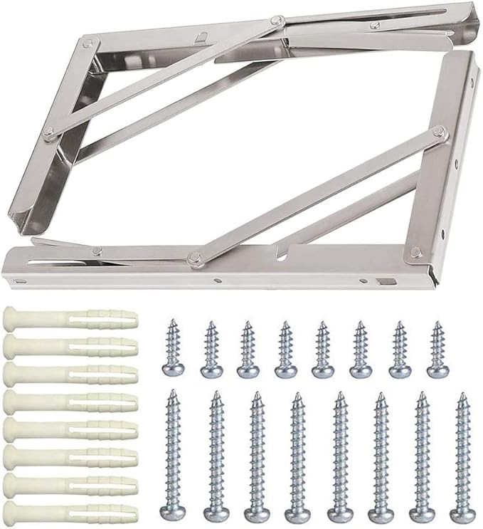 Folding Shelf Brackets, Max Load 300 lb, Heavy Duty Stainless Steel Collapsible Wall Mounted Shelf Brackets for Table, Space Saving DIY Bracket, Pack of 2 (2, Foldable 16")