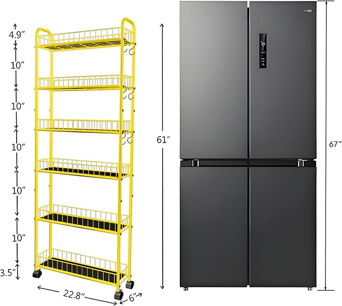 6-Tier Slim Storage Cart with Wheels,6in Narrow Rolling Shelf,Sturdy Slim Storage Ideal for Kitchen, Bathroom, and Laundry Room, Yellow