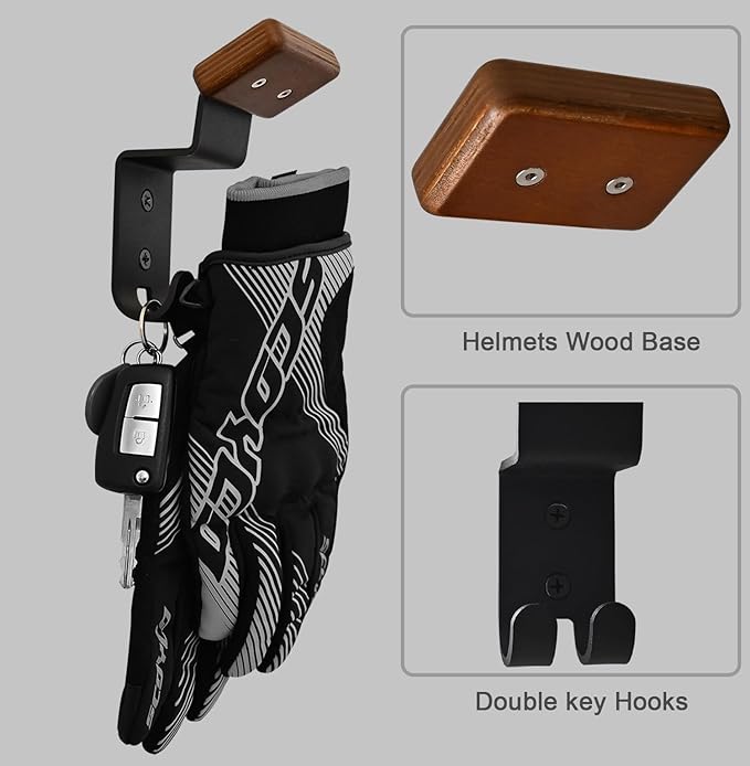 Helmet Holder Wall Mount, Motorcycle Gear Rack with 2 Key Hooks, Constructed with Solid Wood & Strong Steel for Bike Tactical Gear Baseball Football Skiing Helmet (1)