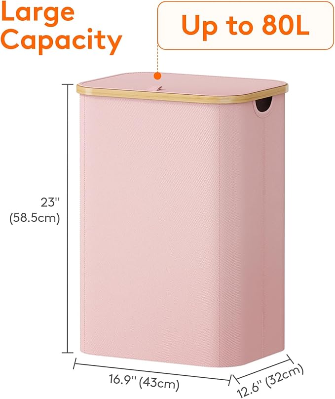 Lifewit 80L Laundry Basket with Lid, Clothes Hampers for Laundry with Bamboo Handles and A Removable Bag, Large Foldable Laundry Hamper for Bedroom, Bathroom, Dorm, Laundry Room, Pink