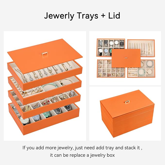 Voova Stackable Jewelry Organizer Tray with Lid, PU Leather Jewelry Storage Holder for Drawer Inserts, Jewellery Display Box Case for Earring Necklace Ring Watch Bracelet (Set of 4, Orange)